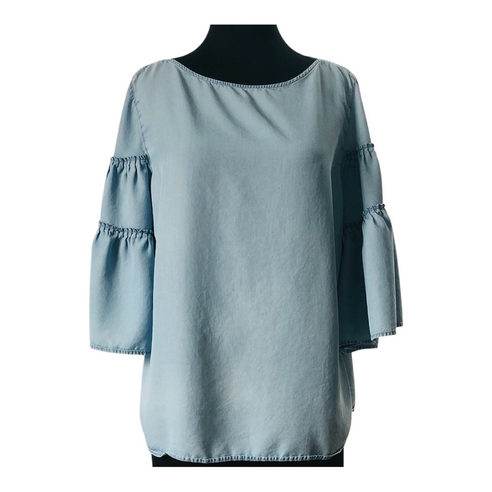 J Jill Denim Sky Blue Women's Top Tiered Sleeves Size L